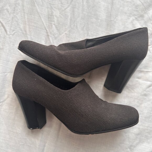 Vtg 90s Robert Clergerie Paris Black Textured Fabric Sock Block Heels 8 - Picture 4 of 5